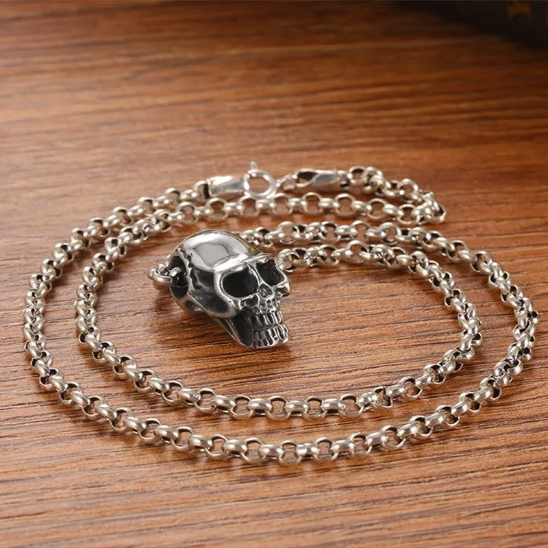 Gothic Skull 925 Sterling Silver Vintage Punk Rock Biker Pendant Necklace