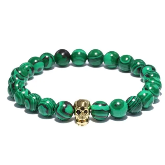 Green Natural Stone Malachite Beads Skull Bracelet