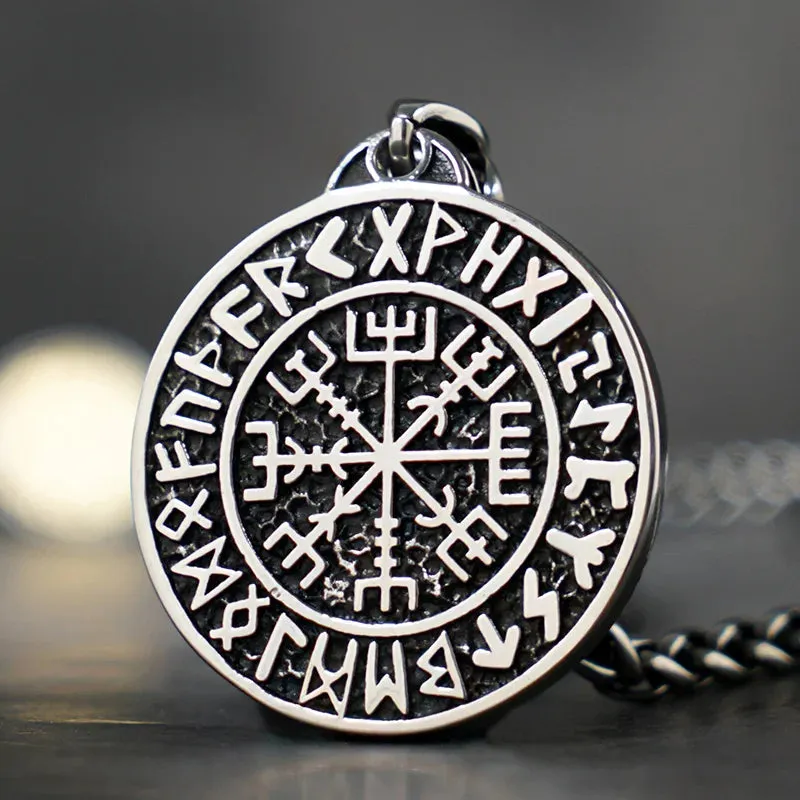 Guidepost Compass Vegvisir Talisman Viking Protection Pewter Pendant Stainless Steel Necklace