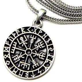 Guidepost Compass Vegvisir Talisman Viking Protection Pewter Pendant Stainless Steel Necklace