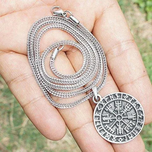 Guidepost Compass Vegvisir Talisman Viking Protection Pewter Pendant Stainless Steel Necklace