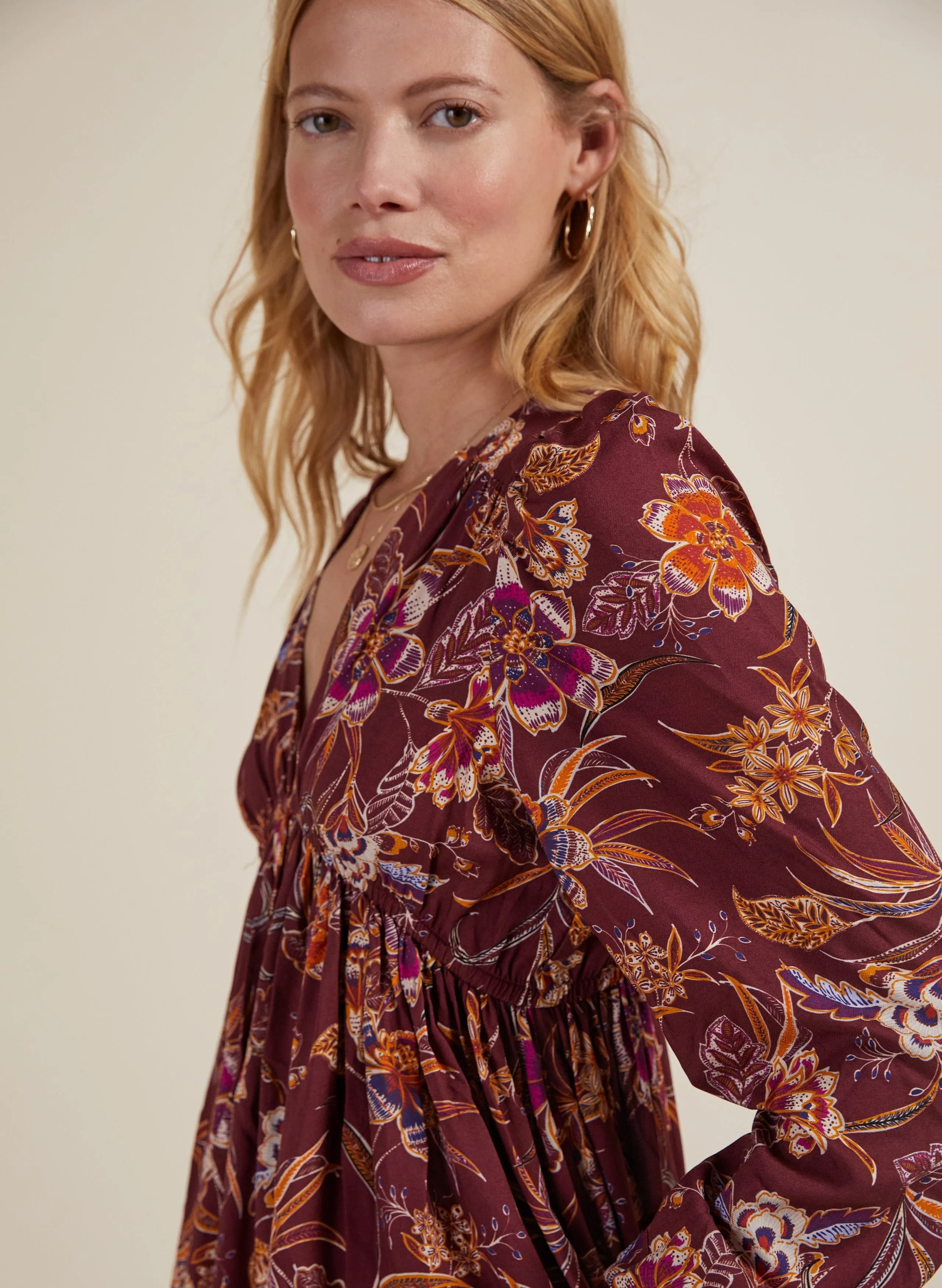 Gwyneth LENZING ECOVERO V-Neck Midi Dress | Garnet Woodland Print