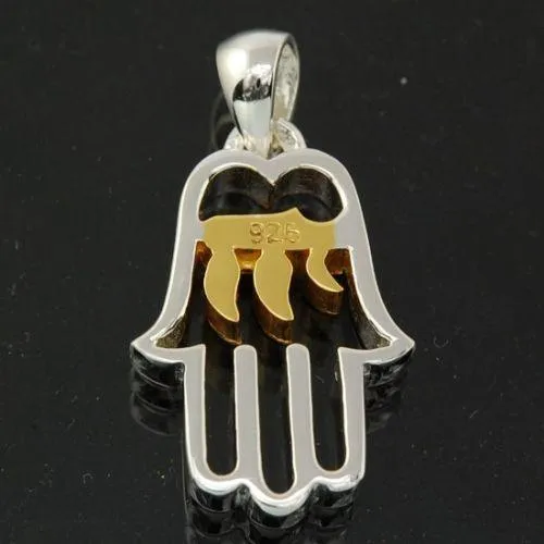 Hamsa Pendant in Sterling Silver&Gold HAY   Sterling Silver Chain #64