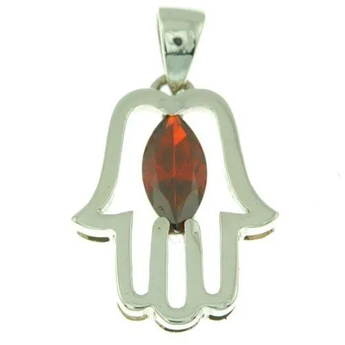 Hamsa Pendant with Red Gemstone Fatima hand   925 Sterling Silver Necklace