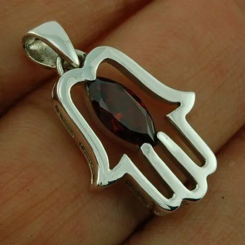 Hamsa Pendant with Red Gemstone Fatima hand   925 Sterling Silver Necklace