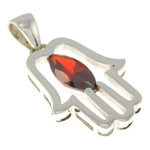 Hamsa Pendant with Red Gemstone Fatima hand   925 Sterling Silver Necklace