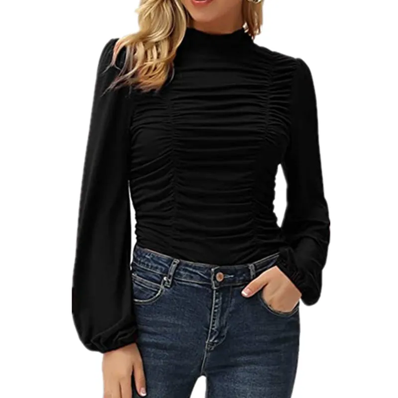 Haute Edition Women's Puff Sleeve Ruched Fitted Turtleneck Top