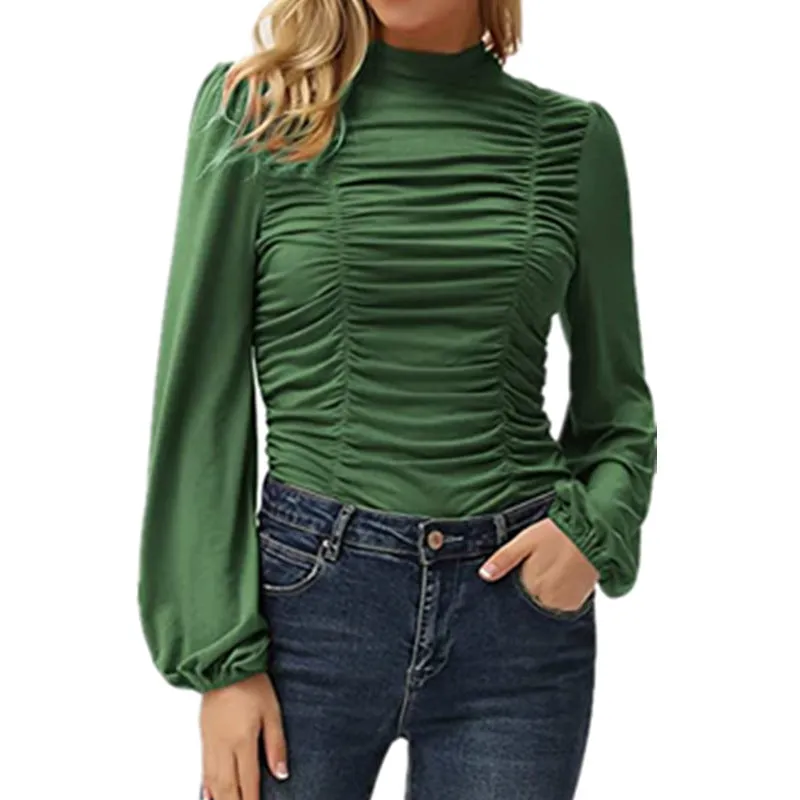 Haute Edition Women's Puff Sleeve Ruched Fitted Turtleneck Top