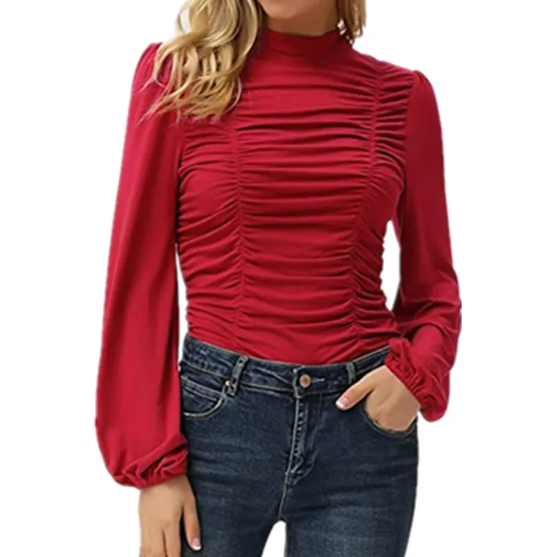 Haute Edition Women's Puff Sleeve Ruched Fitted Turtleneck Top