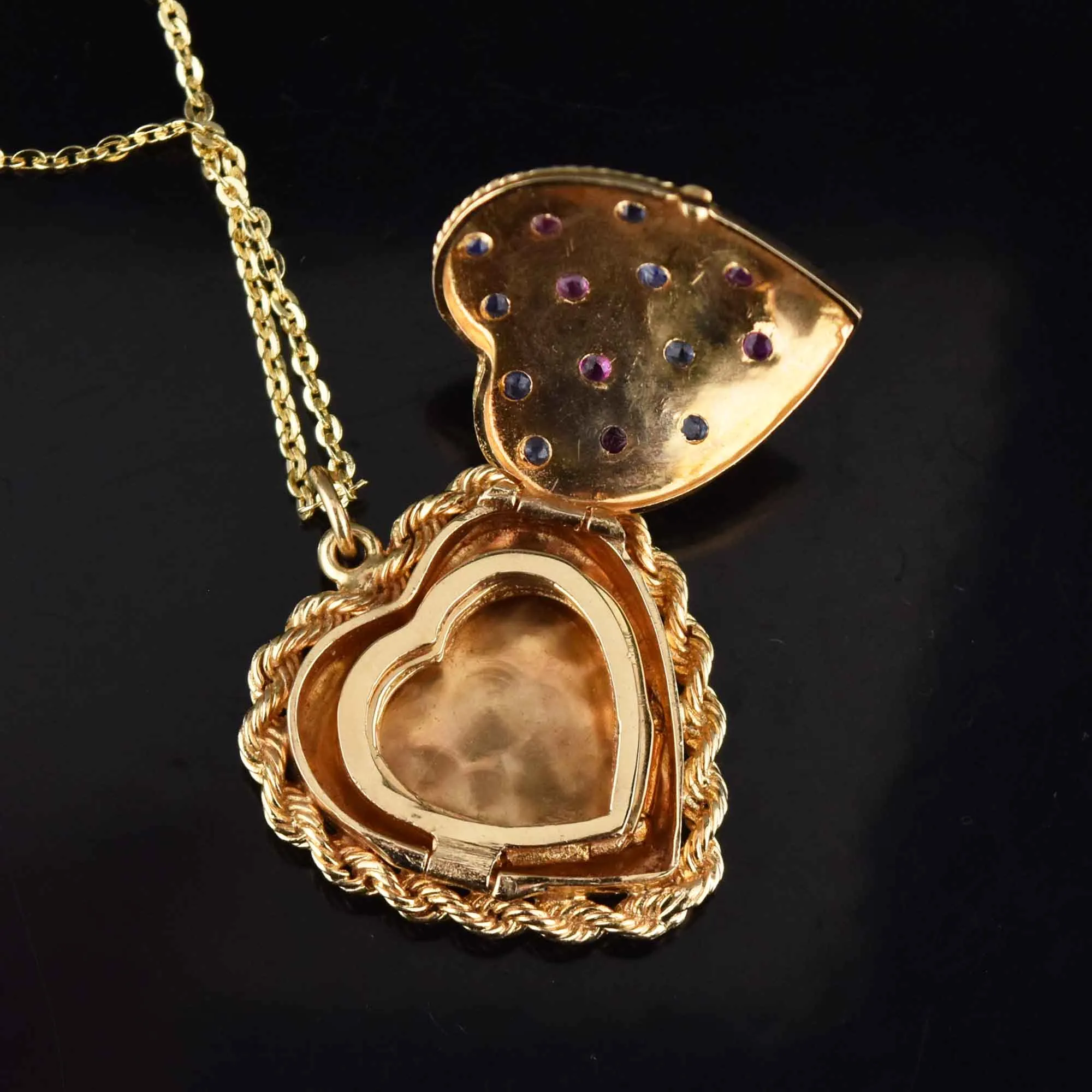 Heavy 14K Gold Sapphire Ruby Heart Locket, Fold Out