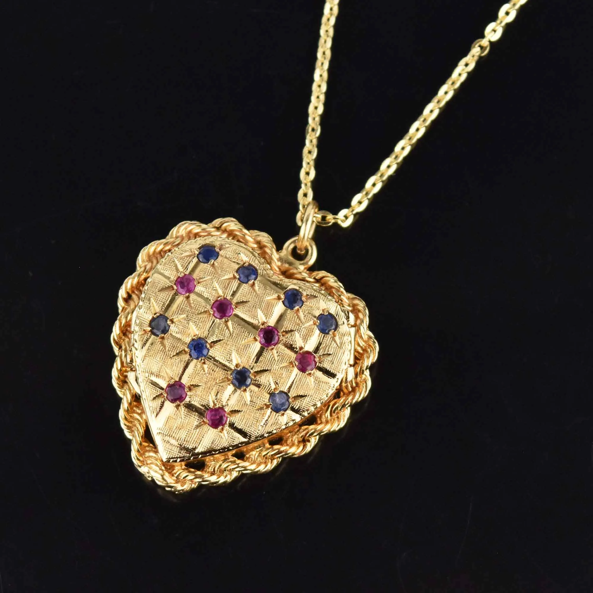 Heavy 14K Gold Sapphire Ruby Heart Locket, Fold Out