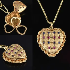 Heavy 14K Gold Sapphire Ruby Heart Locket, Fold Out