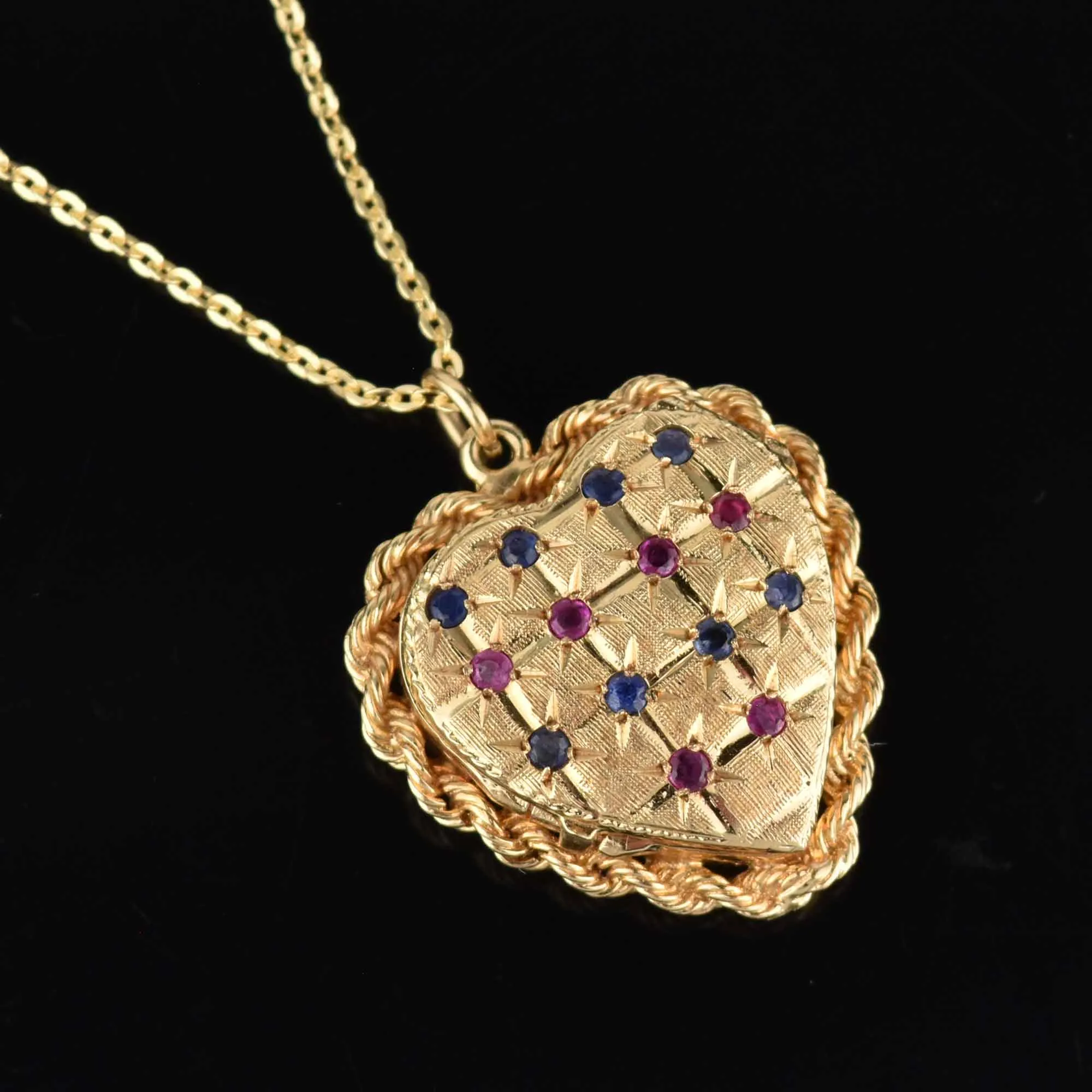 Heavy 14K Gold Sapphire Ruby Heart Locket, Fold Out