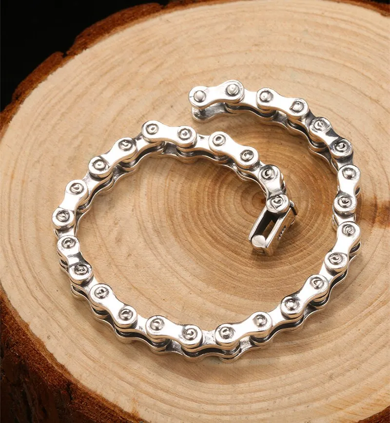 High Polished Link Chain 925 Sterling Silver Handmade Vintage Biker Bracelet