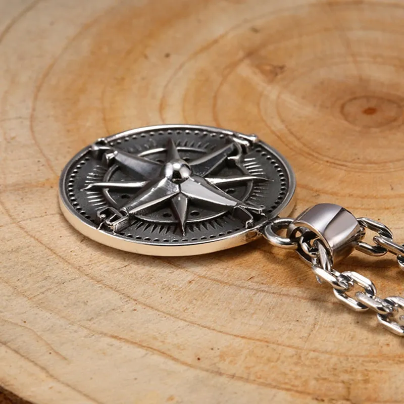 High Polished Round Compass 925 Sterling Silver Vintage Punk Rock Pendant