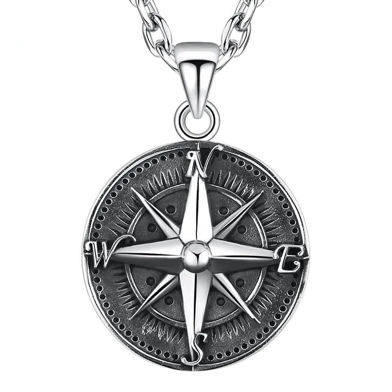 High Polished Round Compass 925 Sterling Silver Vintage Punk Rock Pendant