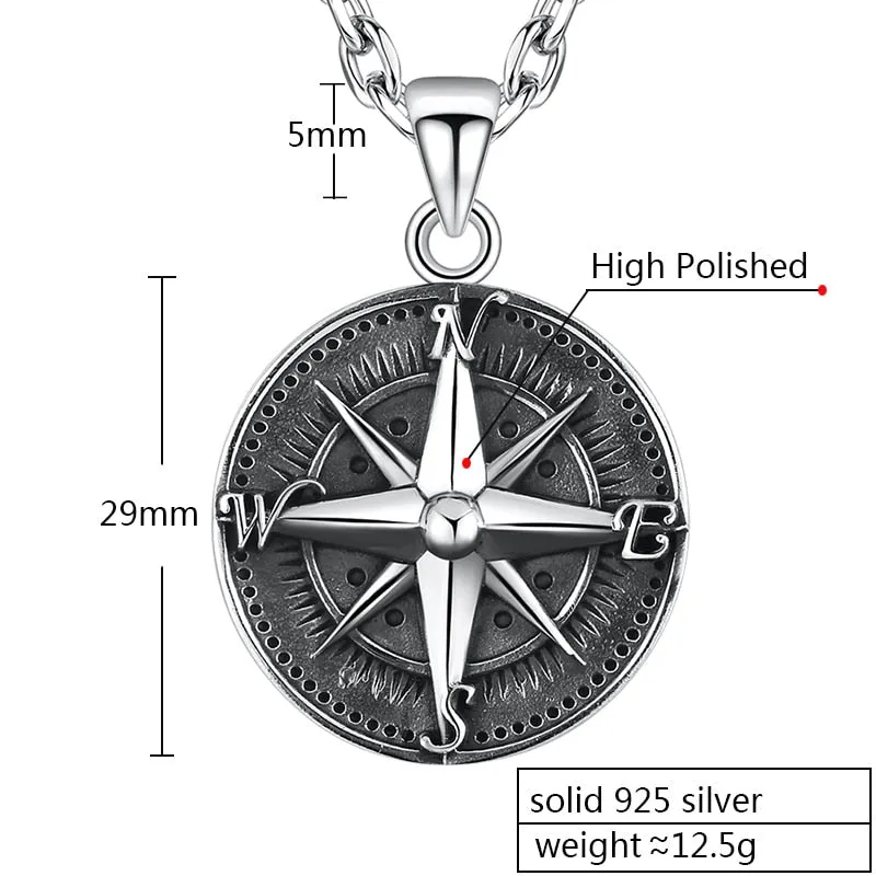 High Polished Round Compass 925 Sterling Silver Vintage Punk Rock Pendant