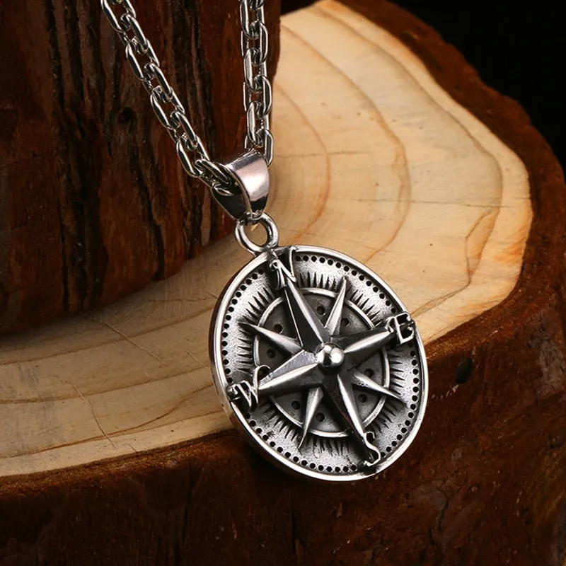 High Polished Round Compass 925 Sterling Silver Vintage Punk Rock Pendant