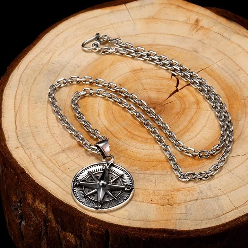 High Polished Round Compass 925 Sterling Silver Vintage Punk Rock Pendant