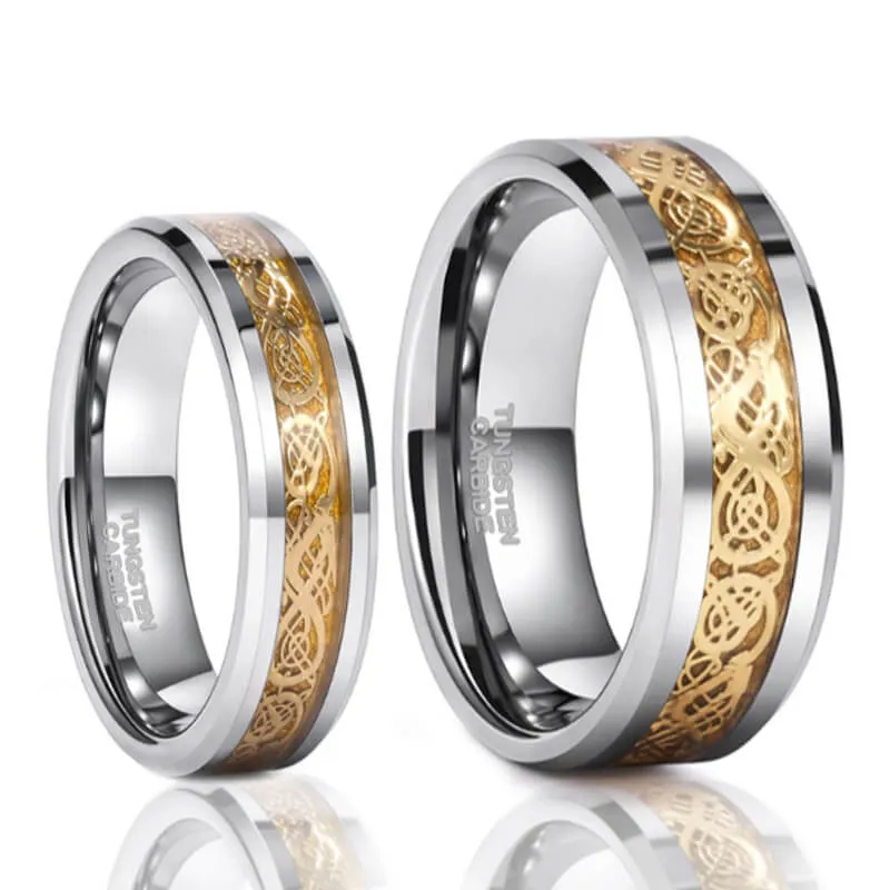 His & Her 6mm/8mm Tungsten Carbide Wedding Bands with Gold Carbon Fiber Inlay