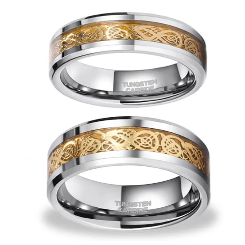 His & Her 6mm/8mm Tungsten Carbide Wedding Bands with Gold Carbon Fiber Inlay