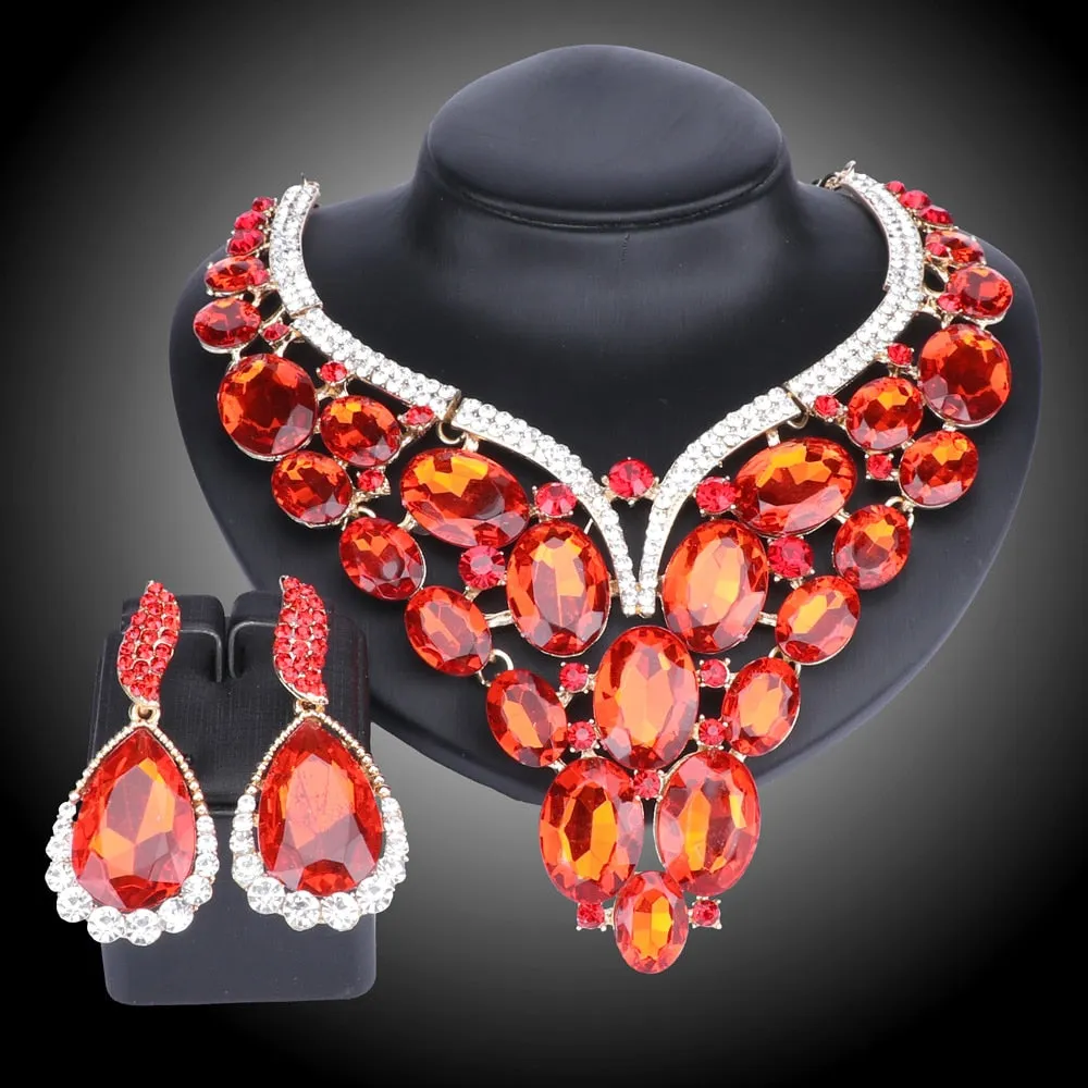 Huge Crystal Necklace & Earrings Wedding Statement Jewelry Set