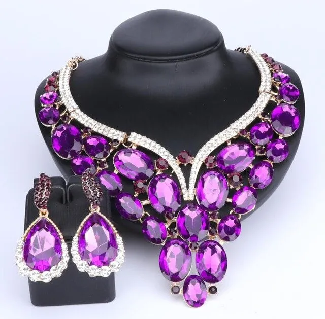 Huge Crystal Necklace & Earrings Wedding Statement Jewelry Set