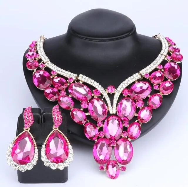 Huge Crystal Necklace & Earrings Wedding Statement Jewelry Set