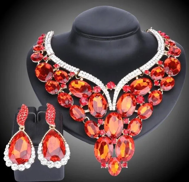 Huge Crystal Necklace & Earrings Wedding Statement Jewelry Set