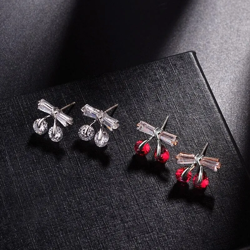 Korean Red/White & Silver Cherry Earrings with Classic Cubic Zirconia