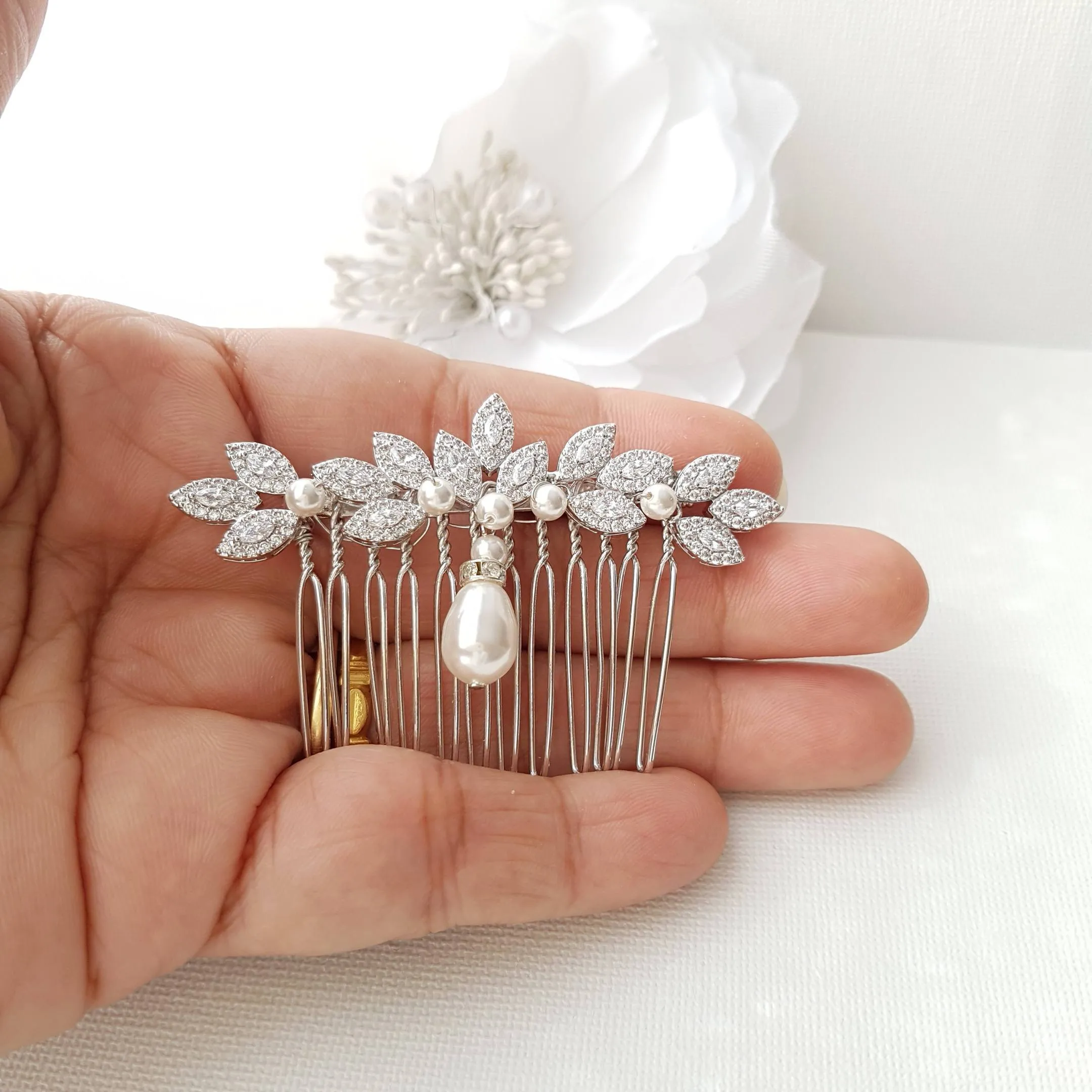 Leaf Crystal Hair Comb for Weddings-Abby