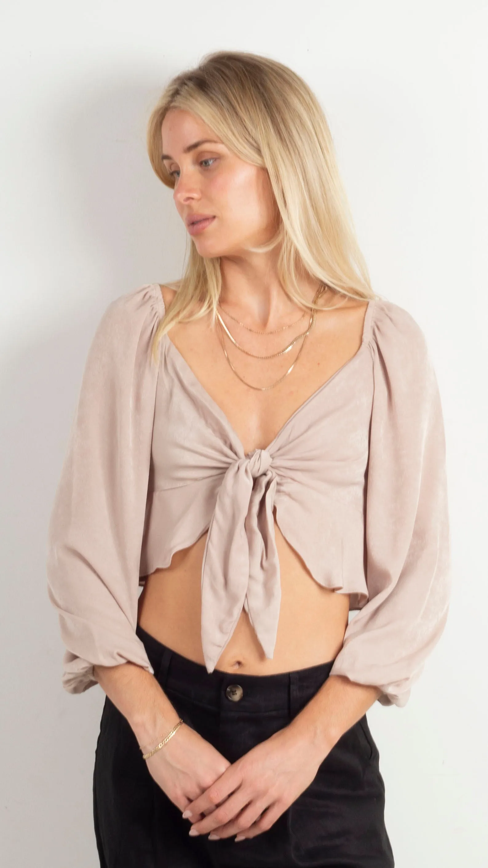 Linea Peplum Tie Front Blouse - Taupe