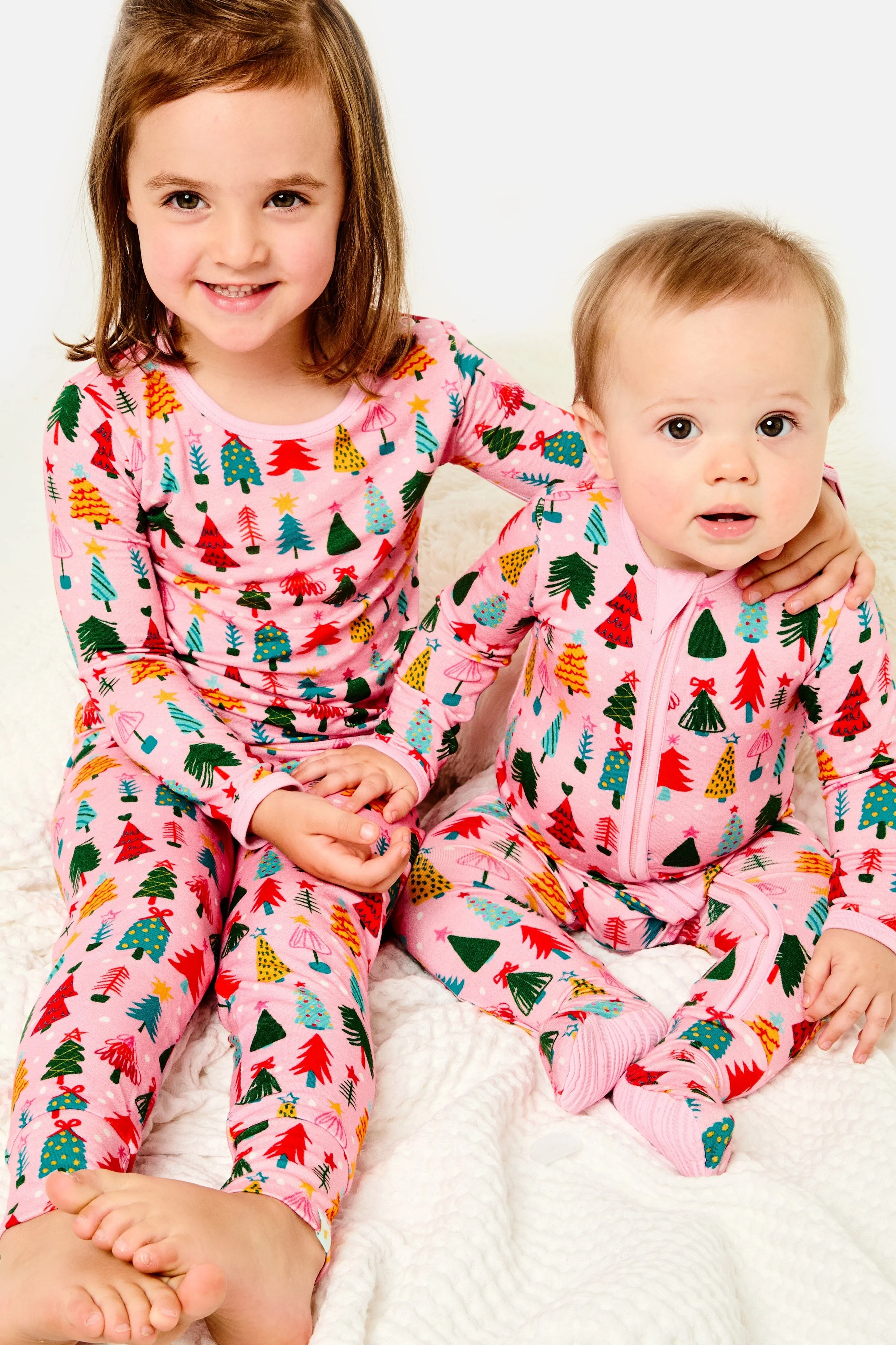 Long Sleeve Pajama Set | Christmas Trees Pink