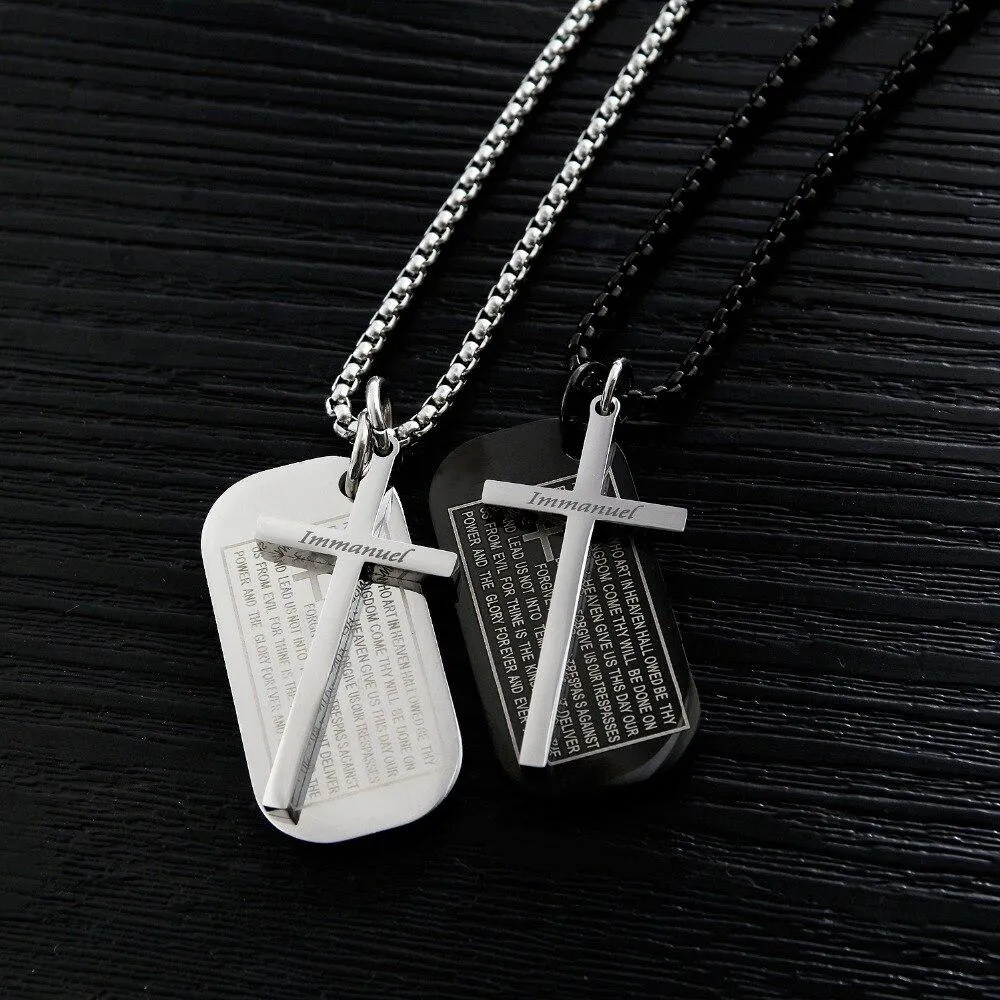 Lord's Prayer Silver Dual Pendant Cross and Dog Tag Necklace