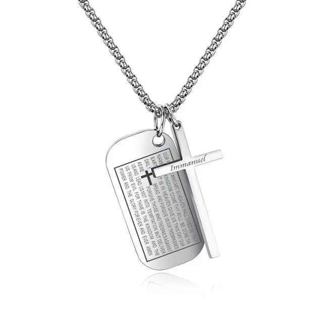 Lord's Prayer Silver Dual Pendant Cross and Dog Tag Necklace