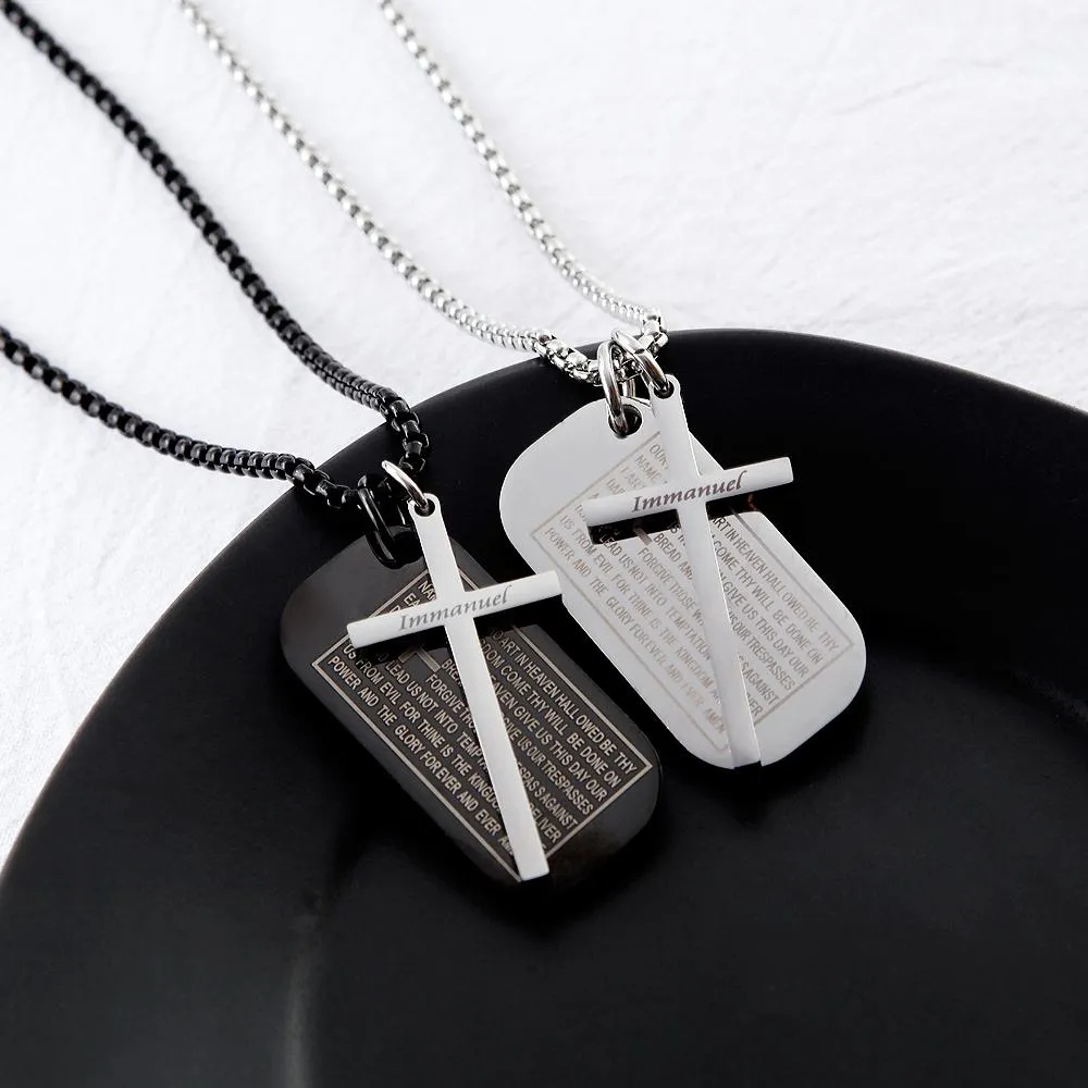 Lord's Prayer Silver Dual Pendant Cross and Dog Tag Necklace