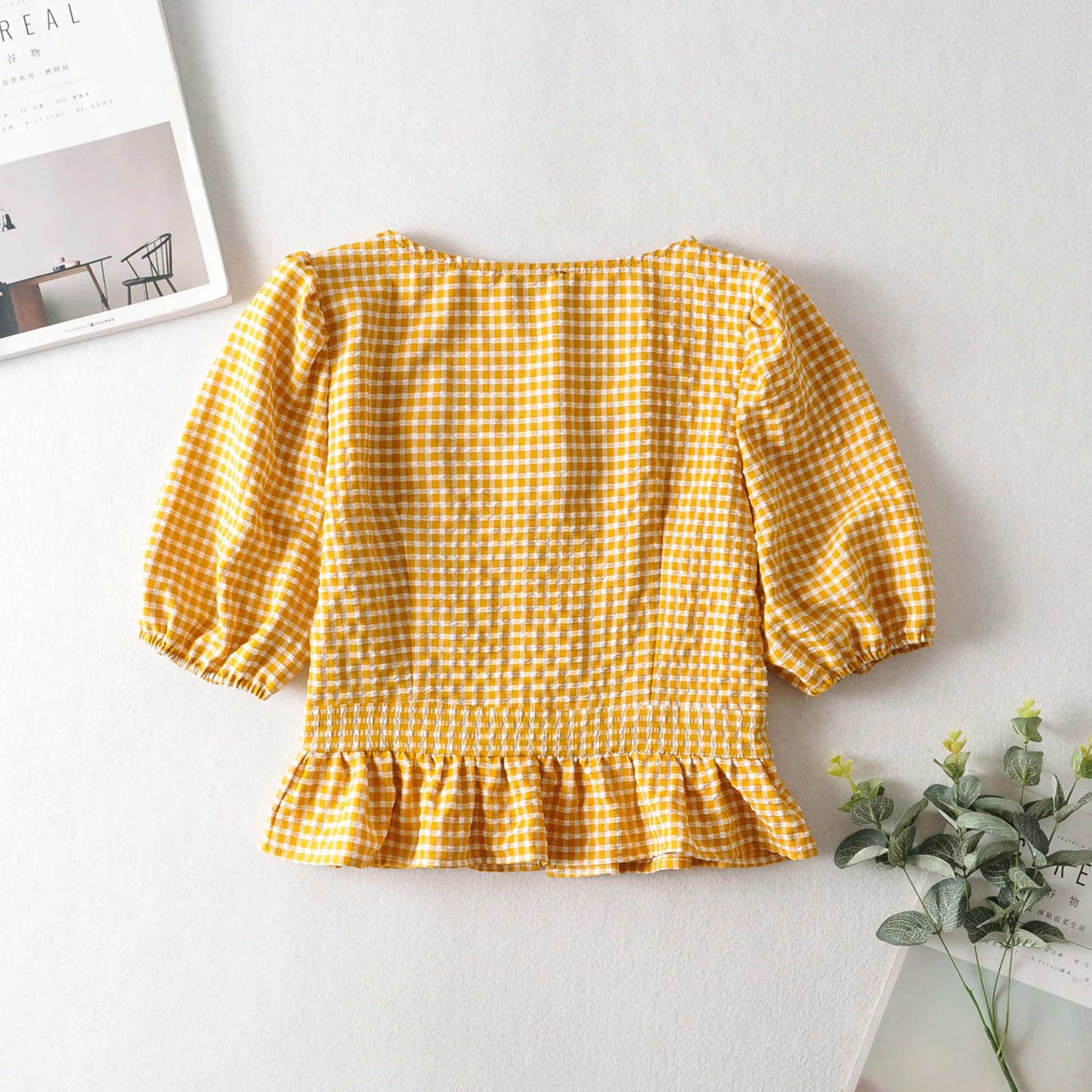 Lucy Gingham Plaid Puff Sleeves Top