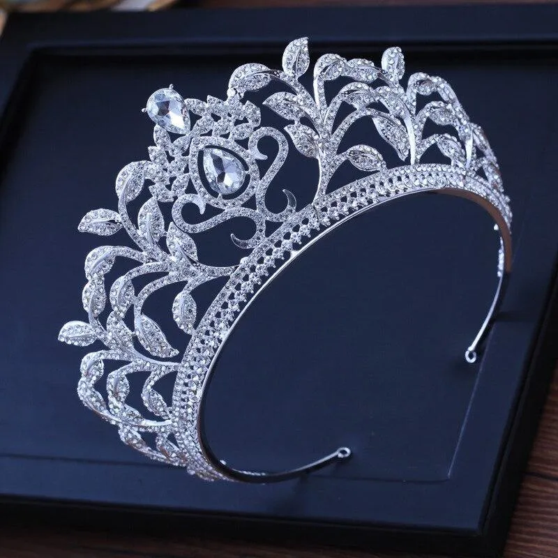 Luxury Baroque Leaf Crown for Women with Clear Zircon