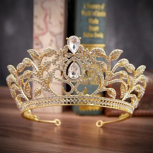 Luxury Baroque Leaf Crown for Women with Clear Zircon