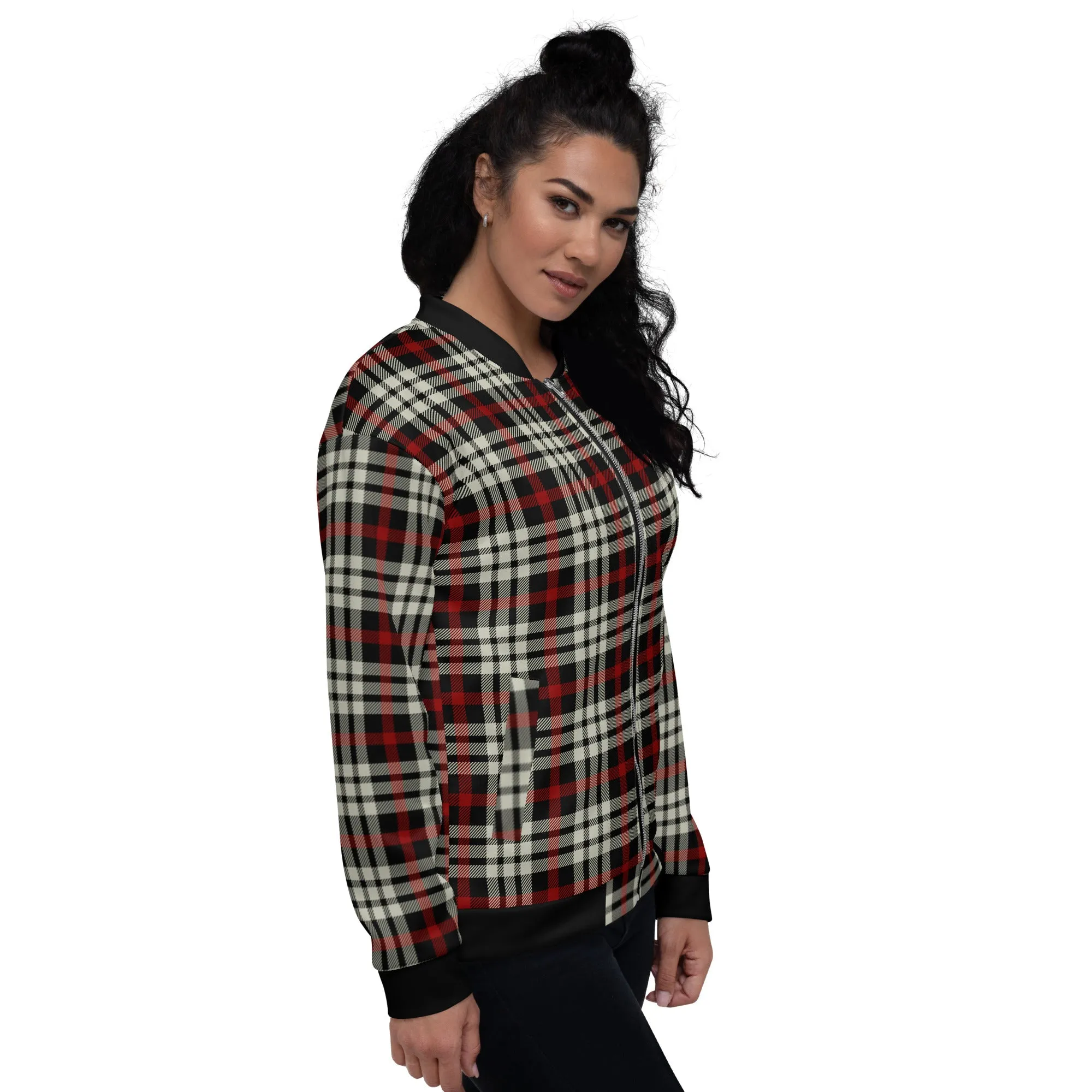 M Kemp Black and Red Plaid Unisex Bomber Jacket