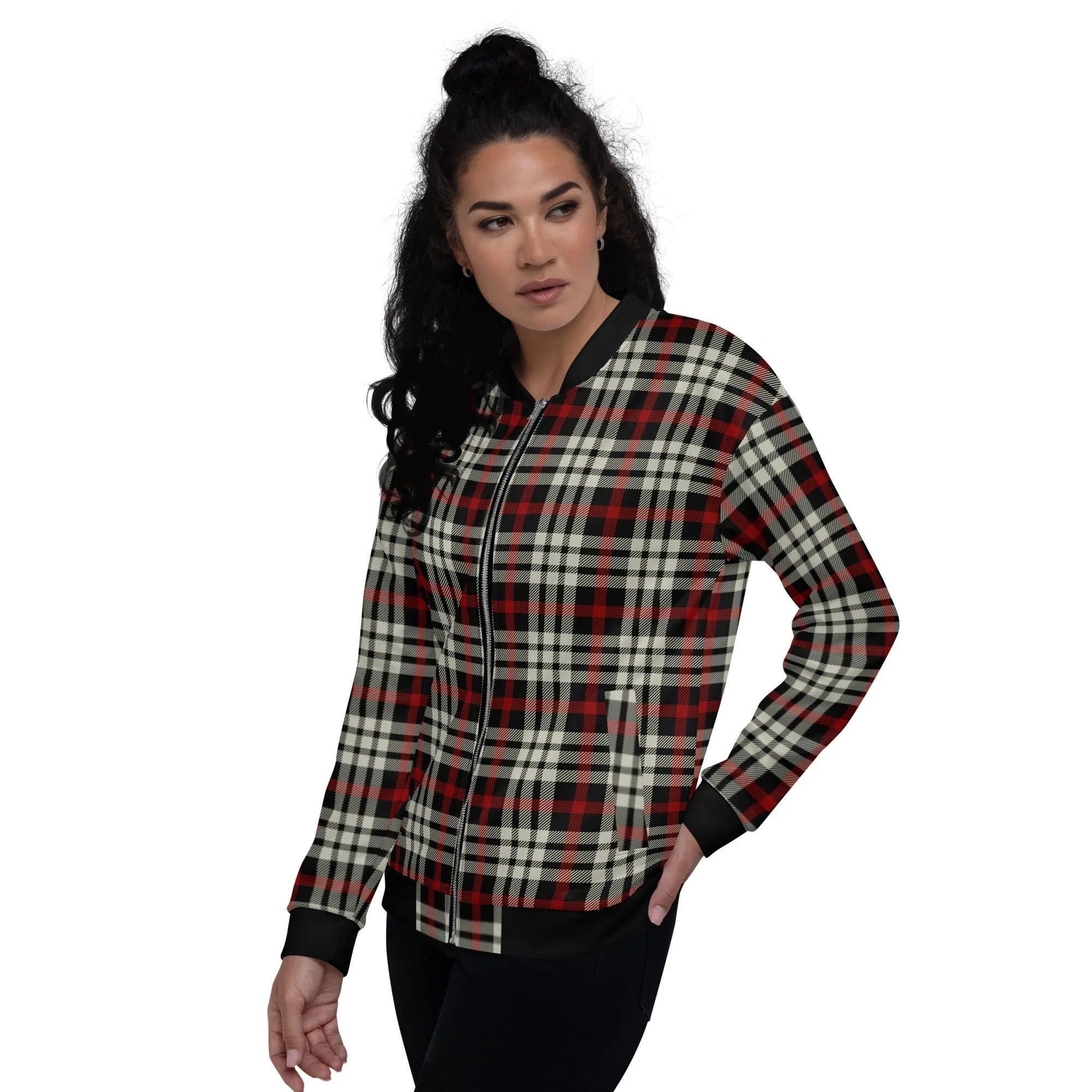 M Kemp Black and Red Plaid Unisex Bomber Jacket