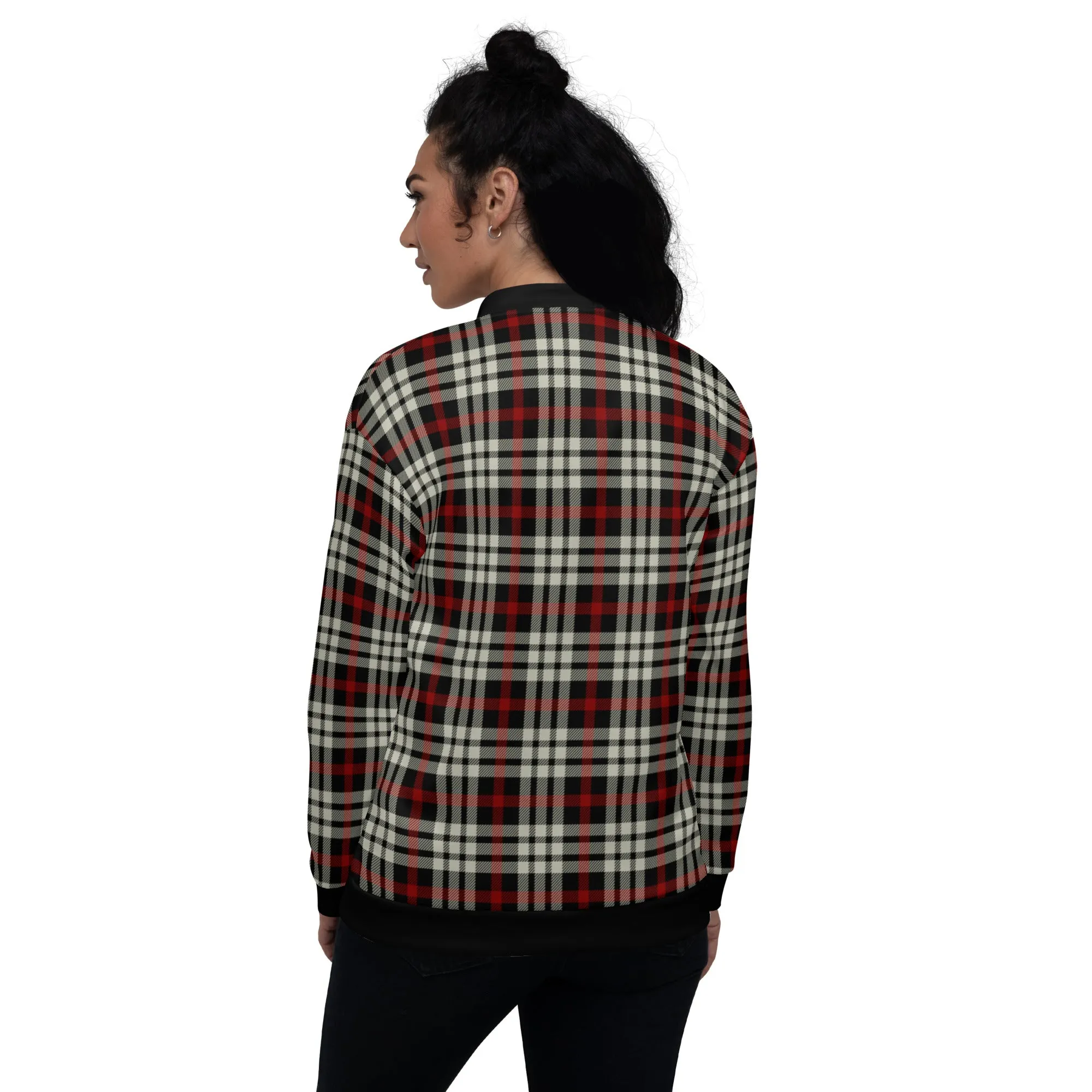 M Kemp Black and Red Plaid Unisex Bomber Jacket