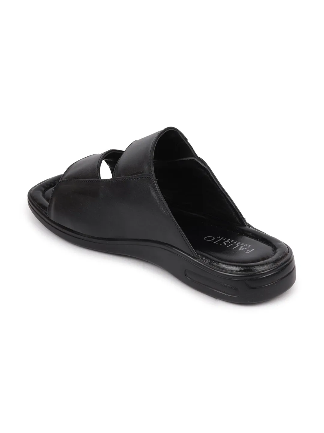 Men Black Leather Outdoor Lightweight Cushioned Slip On Slippers