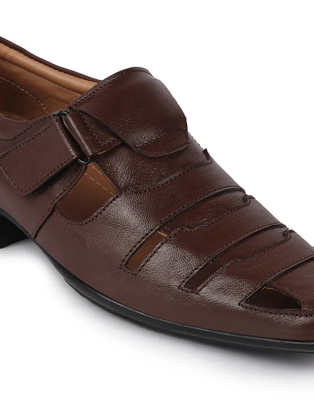 Men Brown Formal Leather Hook & Loop Flat Sandals