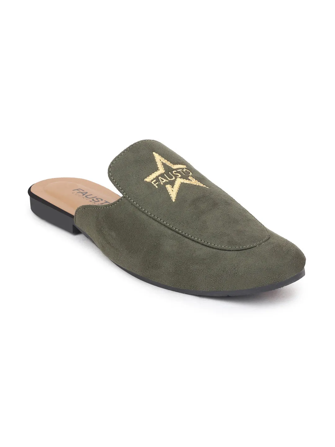 Men Olive Embroidery Print Velvet Back Open Flat Mules