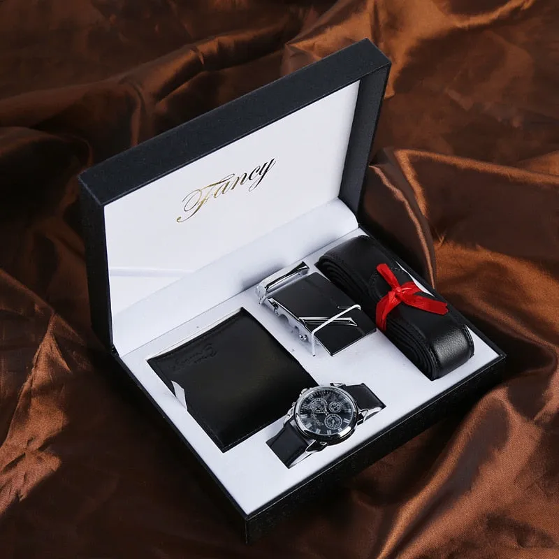 Men Quartz Watch, Leather Belt, and Wallet Gift Set with Box