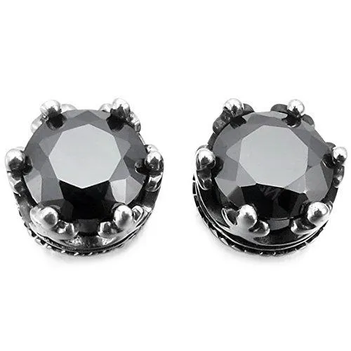 Men's 2 PCS Stainless Steel Stud Earrings CZ Silver Tone Black Royal King Crown Set