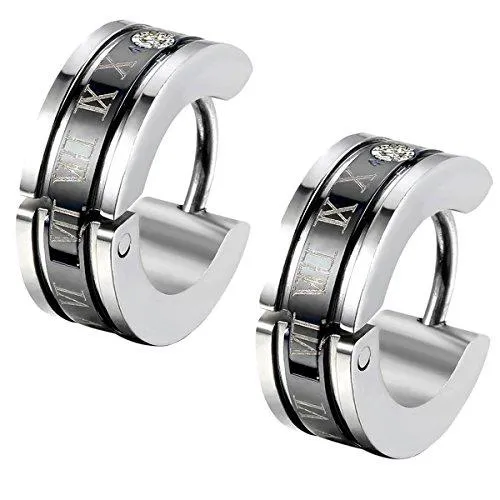 Men's Stainless Steel Engraved Roman Numerals Classic Polished Stud Hoop Huggie Earrings Gold Black Blue