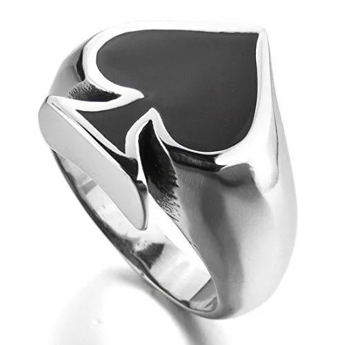 Men's Stainless Steel Ring Silver Tone Black Ace of Spades Poker Card