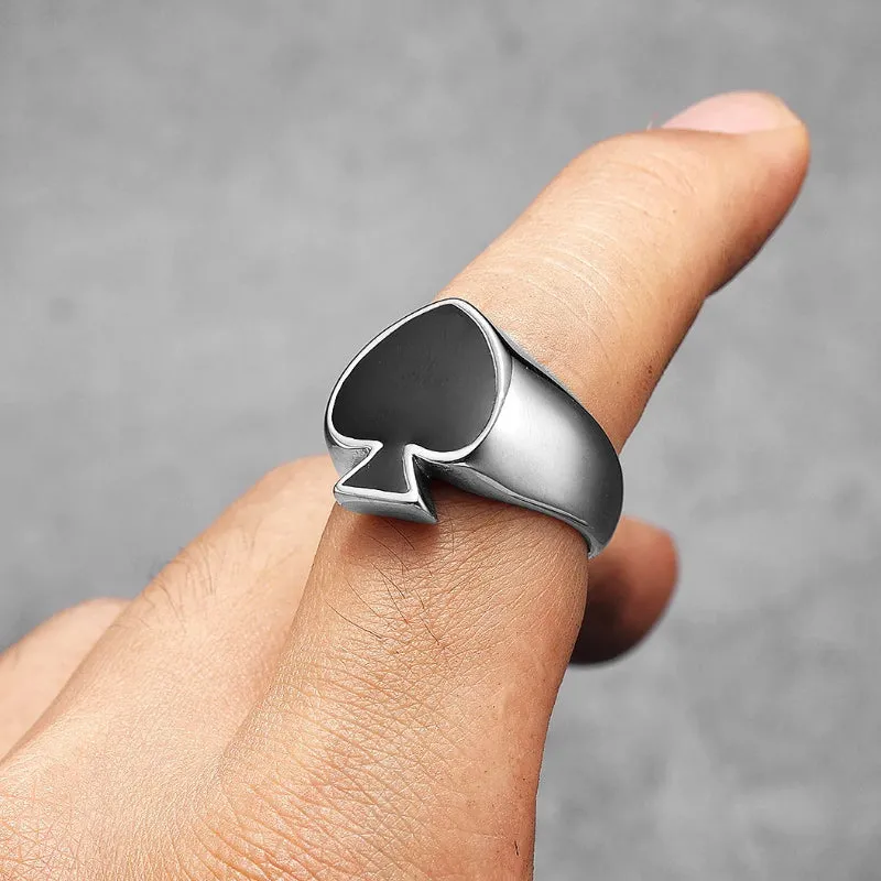 Men's Stainless Steel Ring Silver Tone Black Ace of Spades Poker Card